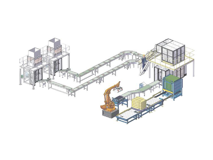 Secondary packaging and stacking production line for small bags and large bags